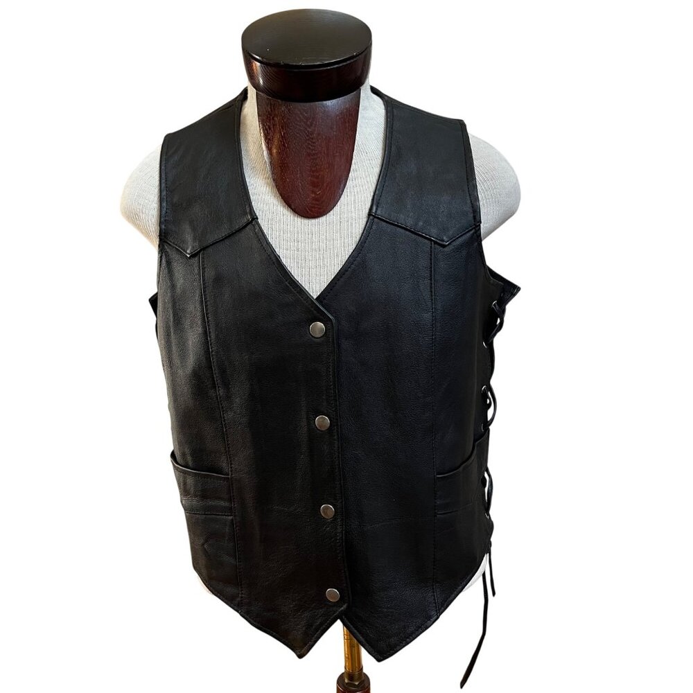 Bikers Club Black Leather Vest Pink Eagle‎ Patch 2XL Side Lacce Front Snaps